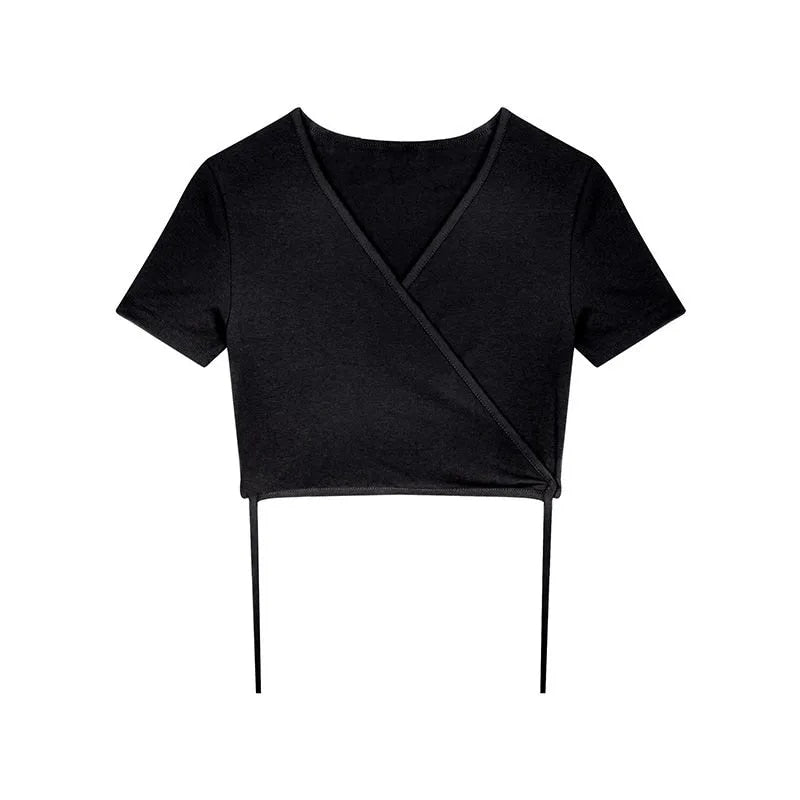 best 2023 Summer Casual Tee Tops Women T shirts Solid V-neck Sexy Cropped Cross Tie-Up Harajuku Basic Korean Street T-shirts mujer 0 shop online at M2K Trends for