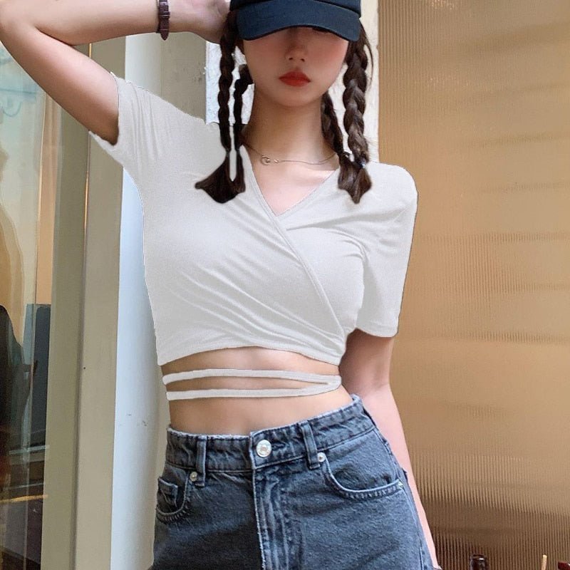 best 2023 Summer Casual Tee Tops Women T shirts Solid V-neck Sexy Cropped Cross Tie-Up Harajuku Basic Korean Street T-shirts mujer 0 shop online at M2K Trends for