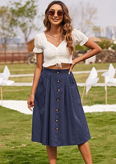 best 2023 Women Summer Sundress Casual High Waist Long Skirt Button Solid Color Pocket Vestidos Female Solid Robe Femme Spring Black skirt shop online at M2K Trends for