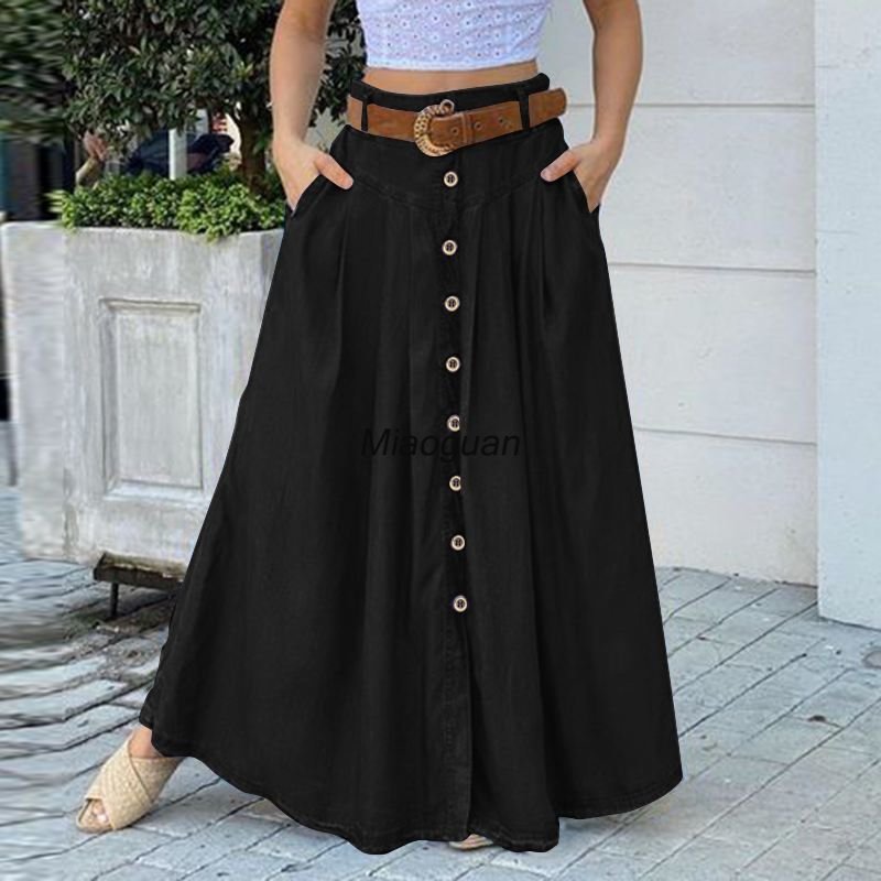 best 2023 Women Summer Sundress Casual High Waist Long Skirt Button Solid Color Pocket Vestidos Female Solid Robe Femme Spring Black skirt shop online at M2K Trends for