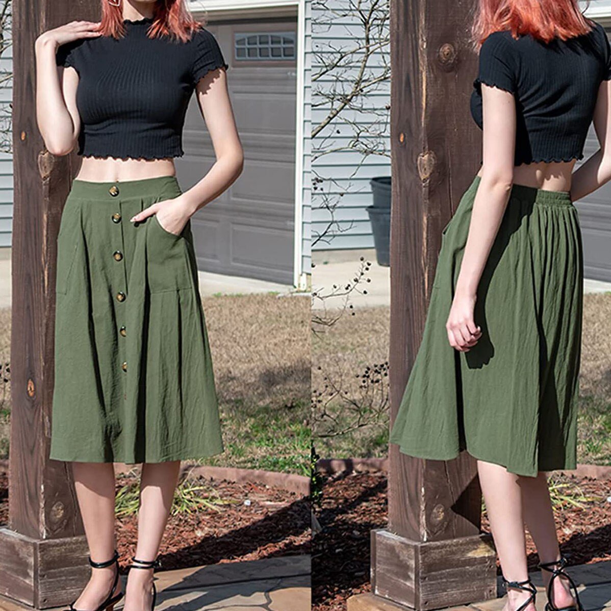 best 2023 Women Summer Sundress Casual High Waist Long Skirt Button Solid Color Pocket Vestidos Female Solid Robe Femme Spring Black skirt shop online at M2K Trends for