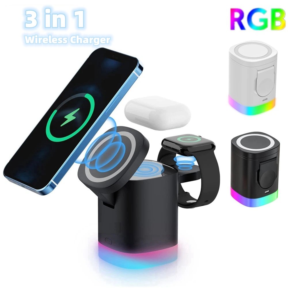 best 3 In 1 Magnetic Wireless Fast Charger For Smart Phone RGB Ambient Light Charging Station For Airpods IWatch Electronics shop online at M2K Trends for Wireless