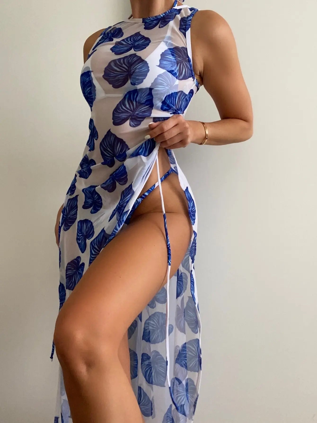 best 3 Pieces Leaf Print Thong Bikini 2023 Women With Cover Up Swimwear Female Trikini Swimsuit Bathers Bathing Swimming Suit Summer shop online at M2K Trends for