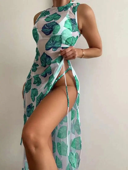 best 3 Pieces Leaf Print Thong Bikini 2023 Women With Cover Up Swimwear Female Trikini Swimsuit Bathers Bathing Swimming Suit Summer shop online at M2K Trends for