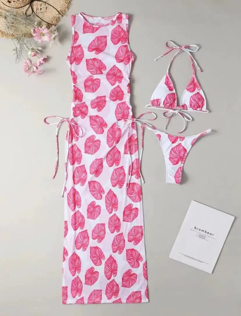 best 3 Pieces Leaf Print Thong Bikini 2023 Women With Cover Up Swimwear Female Trikini Swimsuit Bathers Bathing Swimming Suit Summer shop online at M2K Trends for