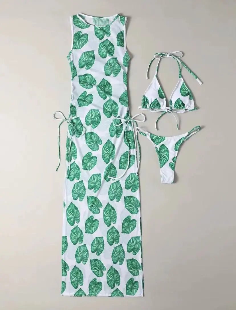 best 3 Pieces Leaf Print Thong Bikini 2023 Women With Cover Up Swimwear Female Trikini Swimsuit Bathers Bathing Swimming Suit Summer shop online at M2K Trends for