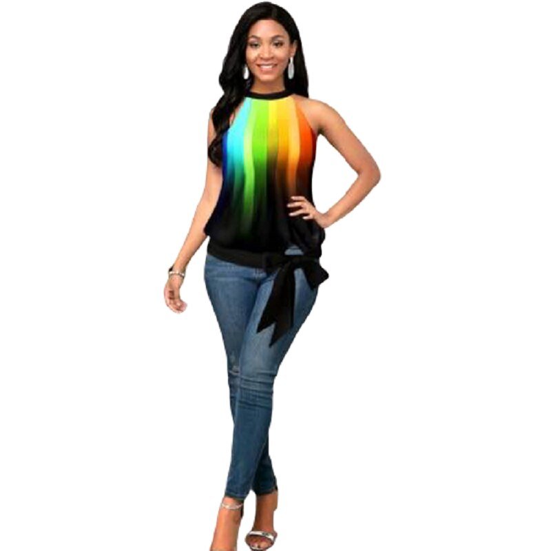 best 3D Digital Print Sleeveless Tshirt Top Women Summer Rainbow Striped Print Tank Tops Side Bowknot Big Size Sexy Hanging Neck Top blouse shop online at M2K Trends for