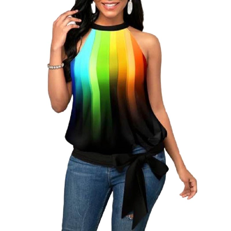 best 3D Digital Print Sleeveless Tshirt Top Women Summer Rainbow Striped Print Tank Tops Side Bowknot Big Size Sexy Hanging Neck Top blouse shop online at M2K Trends for