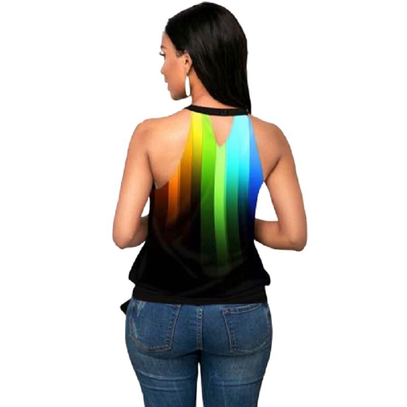 best 3D Digital Print Sleeveless Tshirt Top Women Summer Rainbow Striped Print Tank Tops Side Bowknot Big Size Sexy Hanging Neck Top blouse shop online at M2K Trends for