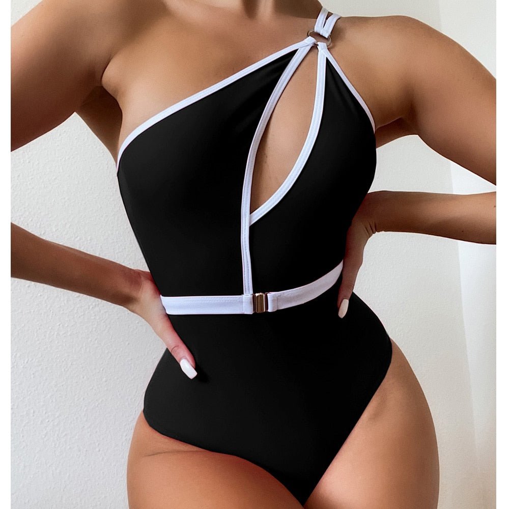 Elegant black high-leg swimsuit with backless cut and supportive straps