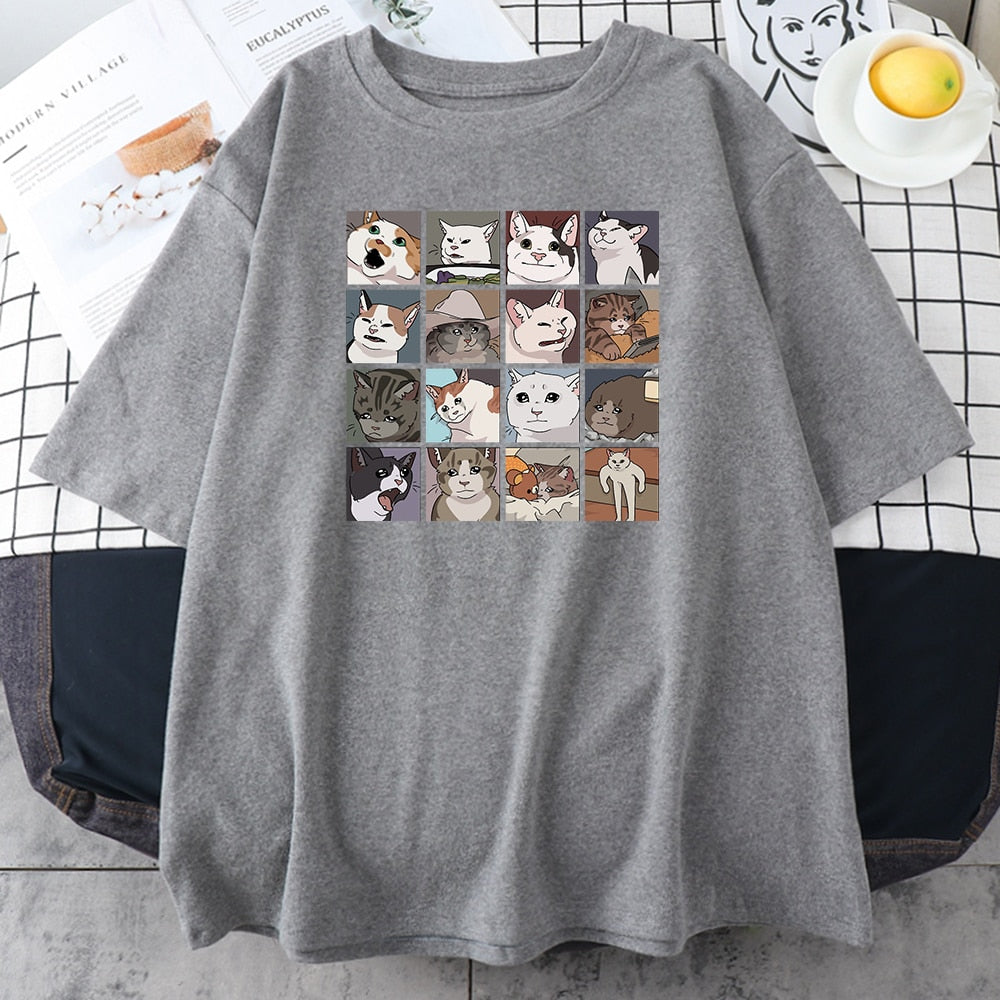 Animal Dog Cat Print T Shirts Women Summer Short Sleeve Loose O Neck Hip Hop Streetwear Tee Shirts Female Harajuku Oversized Top