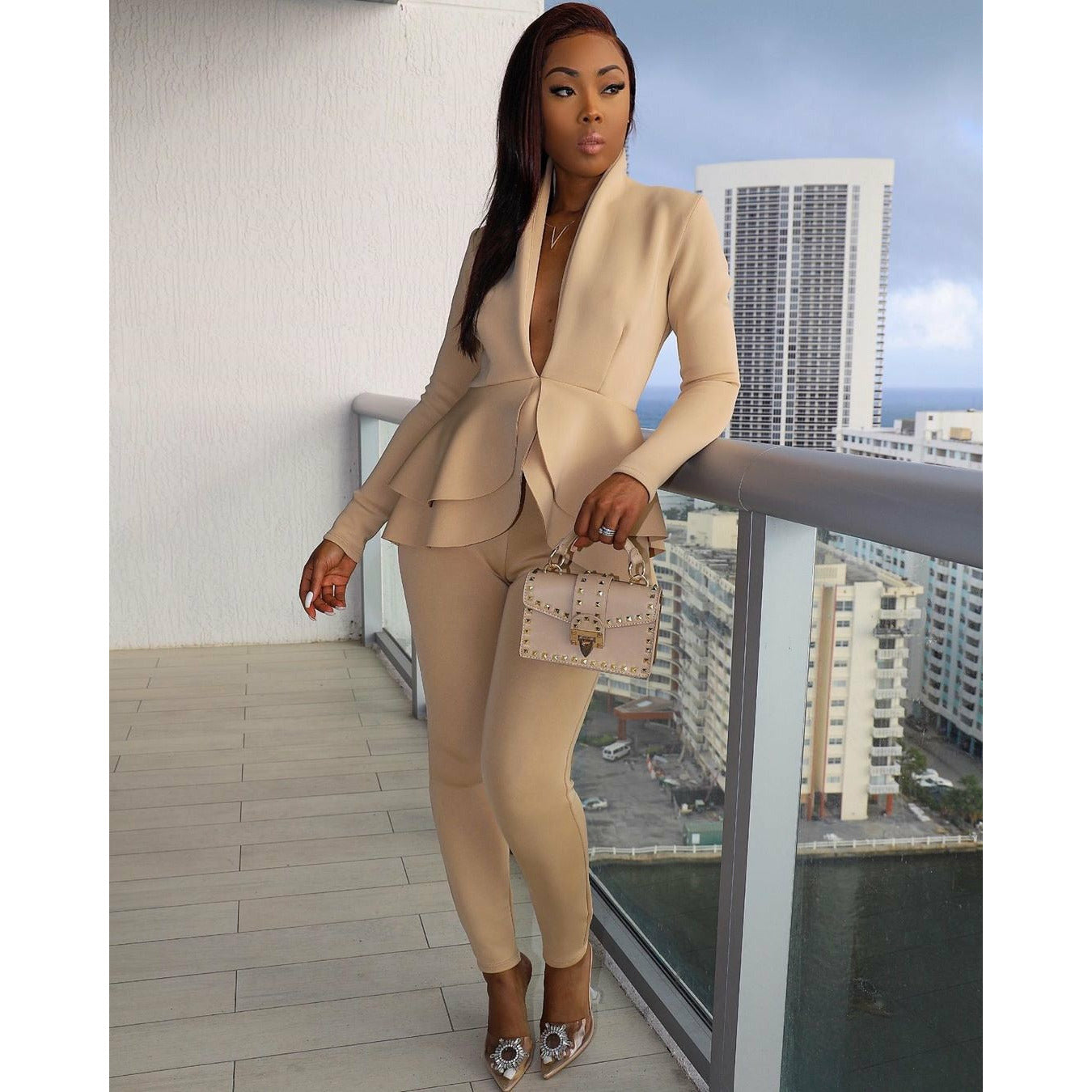 New Women Winter Women&#39;s Set Tracksuit Full Sleeve Ruffles Blazers Pencil Pants Suit Two Piece Set Office Lady Outfits Uniform