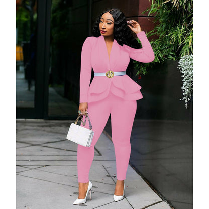 New Women Winter Women&#39;s Set Tracksuit Full Sleeve Ruffles Blazers Pencil Pants Suit Two Piece Set Office Lady Outfits Uniform