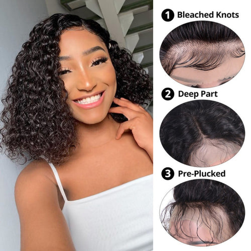 Peluca con malla frontal de Bob rizado profundo para mujer, cabello humano brasileño con pelo de bebé, Bob corto, pelucas con cierre de encaje 4x4, peluca ondulada profunda