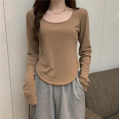 Women Long Sleeve Square Neck T-Shirt Spring And Autumn New Irregular Hem Slim Casual Top Girl Bottom Shirts