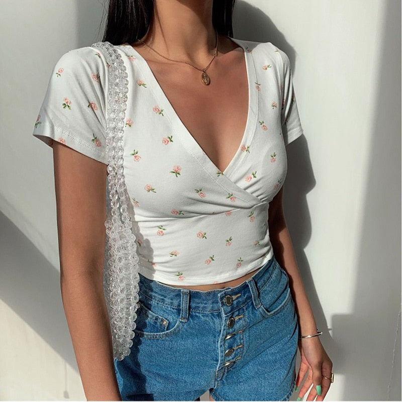 Vintage Floral Cross Crop Top - Women's Slim Summer Tee