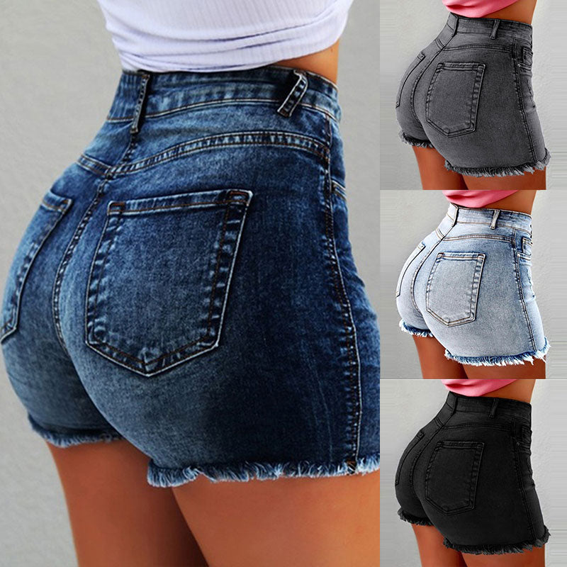 Women Denim Shorts  New Summer Lady Clothing High Waist Jeans Shorts Fringe Frayed Ripped Casual Hot Shorts With Pockets