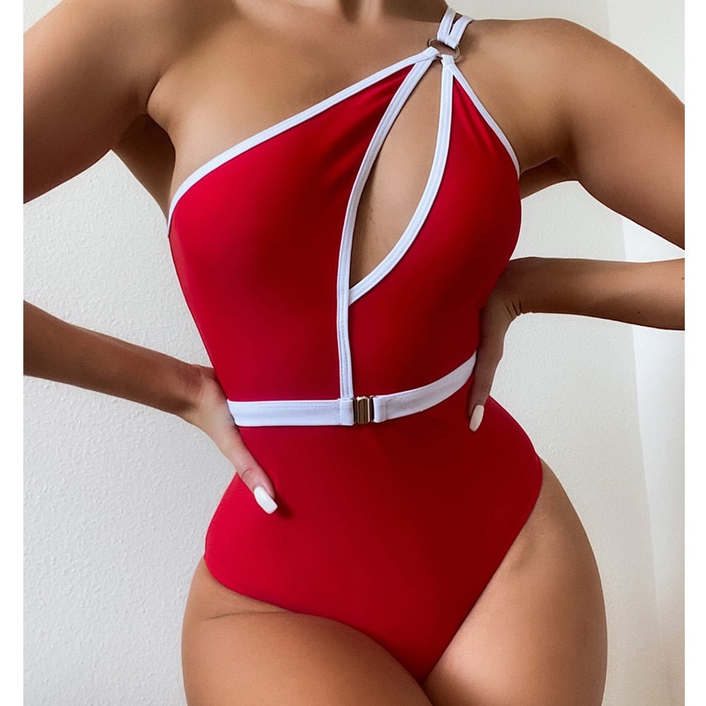 "Flattering red one-piece bathing suit with solid strap and padded cups