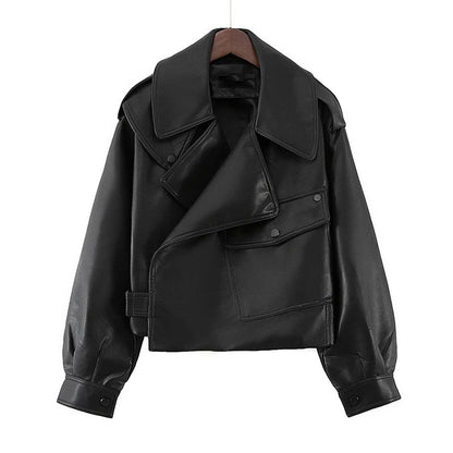 best Aelegantmis Black Short Loose Pu Leather Jacket Autumn Winter Soft Faux Leather Jacket Street Casual Outwear Ladies Biker Jacket shop online at M2K Trends for