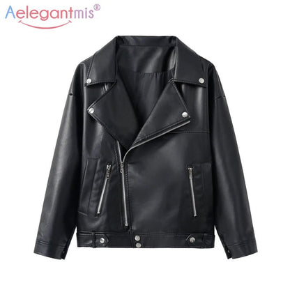 best Aelegantmis New Loose PU Faux Leather Jacket Women Classic Moto Biker Jacket Autumn Winter Lady Basic Coat Y2k Outerwear shop online at M2K Trends for