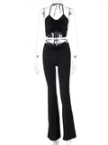 best ALLNeon Y2K Streetwear Sexy Bandage Blue Co-ord Suits 2000s Fashion Drawstring Halter Top and High Waist Flare Pants 2 Piece Set shop online at M2K Trends for