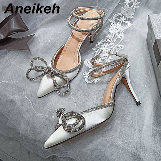 best Aneikeh Spring/Autumn 2023 Women's Shoes Fashion Butterfly-Knot Narrow Band Bling Patchwork Cross-Tied Crystal Pointed Toe Pumps 0 shop online at M2K Trends for