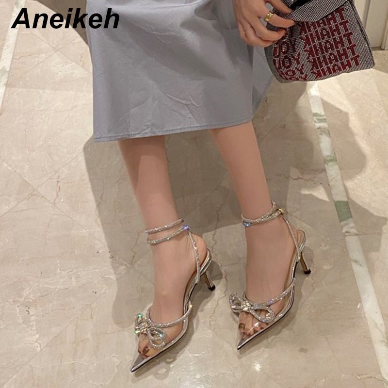 best Aneikeh Spring/Autumn 2023 Women's Shoes Fashion Butterfly-Knot Narrow Band Bling Patchwork Cross-Tied Crystal Pointed Toe Pumps 0 shop online at M2K Trends for