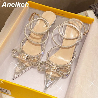 best Aneikeh Spring/Autumn 2023 Women's Shoes Fashion Butterfly-Knot Narrow Band Bling Patchwork Cross-Tied Crystal Pointed Toe Pumps 0 shop online at M2K Trends for