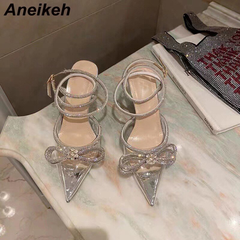 best Aneikeh Spring/Autumn 2023 Women's Shoes Fashion Butterfly-Knot Narrow Band Bling Patchwork Cross-Tied Crystal Pointed Toe Pumps 0 shop online at M2K Trends for