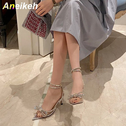 best Aneikeh Spring/Autumn 2023 Women's Shoes Fashion Butterfly-Knot Narrow Band Bling Patchwork Cross-Tied Crystal Pointed Toe Pumps 0 shop online at M2K Trends for