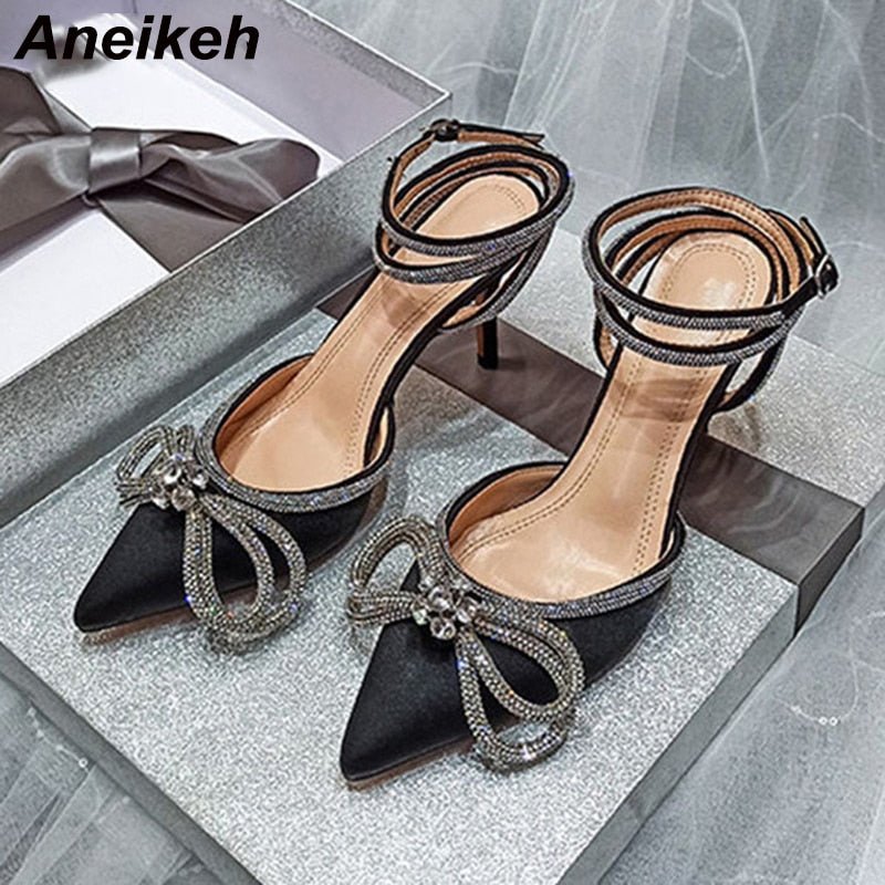 best Aneikeh Spring/Autumn 2023 Women's Shoes Fashion Butterfly-Knot Narrow Band Bling Patchwork Cross-Tied Crystal Pointed Toe Pumps 0 shop online at M2K Trends for