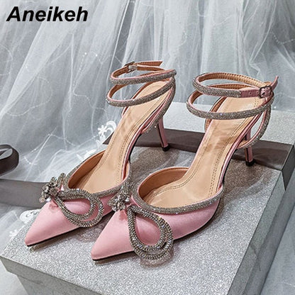 best Aneikeh Spring/Autumn 2023 Women's Shoes Fashion Butterfly-Knot Narrow Band Bling Patchwork Cross-Tied Crystal Pointed Toe Pumps 0 shop online at M2K Trends for