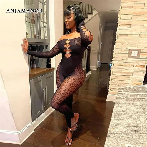 best ANJAMANOR Sexy Mesh Tight Jumpsuit Women One Pieces Club Outfits See Through Hollow Off Shoulder Black Jumpsuits D87-BE10 best Shop online, Near me in the GTA, near me in Toronto, In Canada, In the New York, Kingston Jamaica