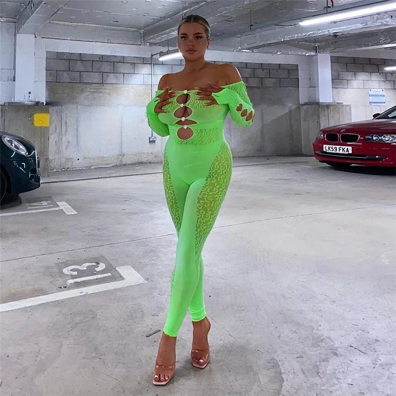 best ANJAMANOR Sexy Mesh Tight Jumpsuit Women One Pieces Club Outfits See Through Hollow Off Shoulder Black Jumpsuits D87-BE10 best Shop online, Near me in the GTA, near me in Toronto, In Canada, In the New York, Kingston Jamaica