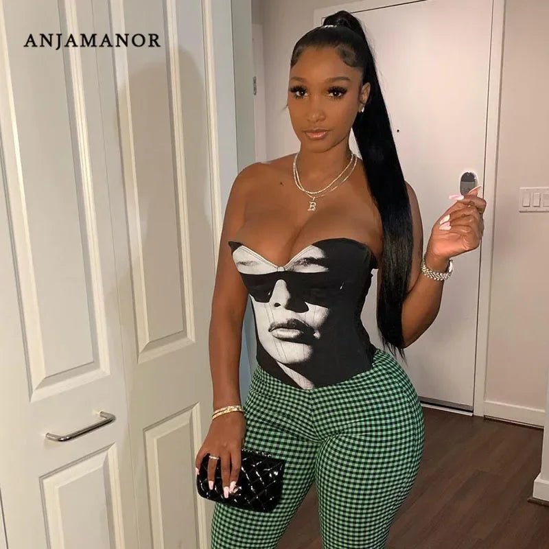 best ANJAMANOR Sexy Printed Crop Top Aesthethic Vintage Bustier Corset Top Cyber Y2k Womens T Shirt Tube Tops Summer 2021 D85-AI10 shop online at M2K Trends for