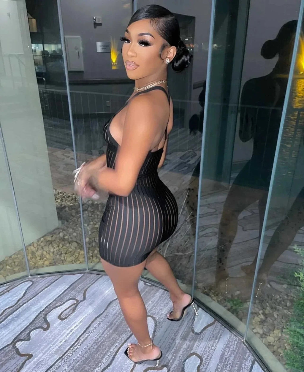 best ANJAMANOR Sexy See Through Black Dresses Club Outfits for Women Summer 2023 Stripe Mesh Insert Deep V Mini Bodycon Dress D36AI12 shop online at M2K Trends for