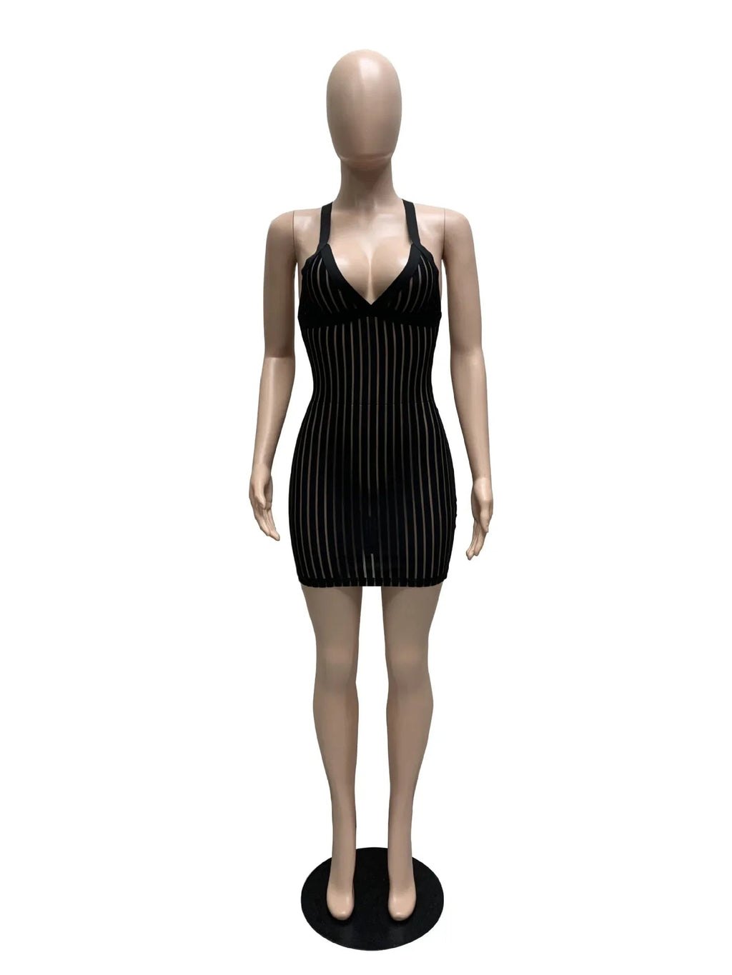 best ANJAMANOR Sexy See Through Black Dresses Club Outfits for Women Summer 2023 Stripe Mesh Insert Deep V Mini Bodycon Dress D36AI12 shop online at M2K Trends for