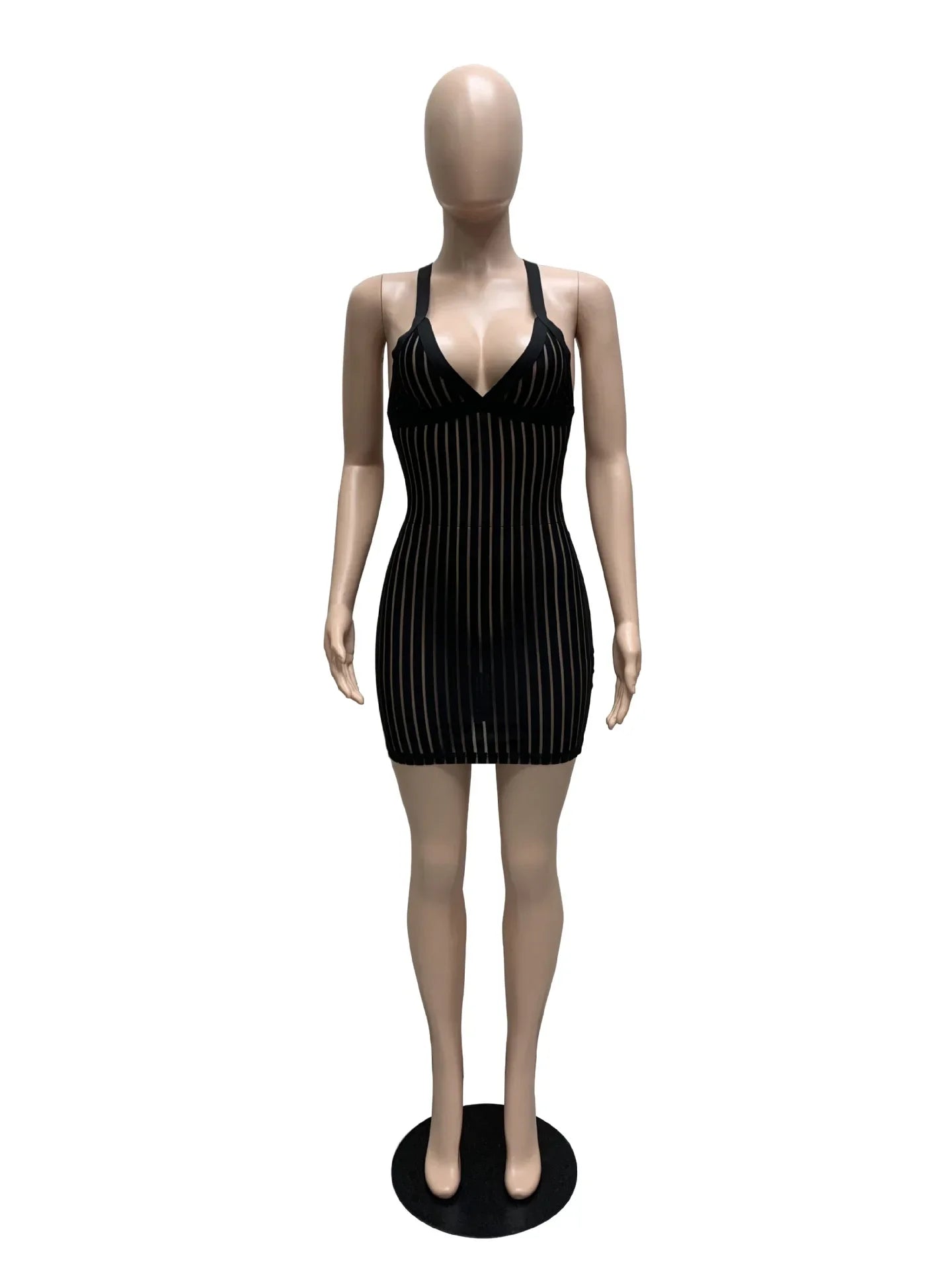 best ANJAMANOR Sexy See Through Black Dresses Club Outfits for Women Summer 2023 Stripe Mesh Insert Deep V Mini Bodycon Dress D36AI12 shop online at M2K Trends for