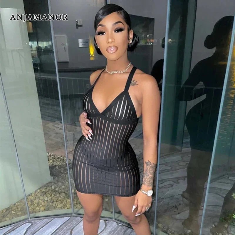 best ANJAMANOR Sexy See Through Black Dresses Club Outfits for Women Summer 2023 Stripe Mesh Insert Deep V Mini Bodycon Dress D36AI12 shop online at M2K Trends for