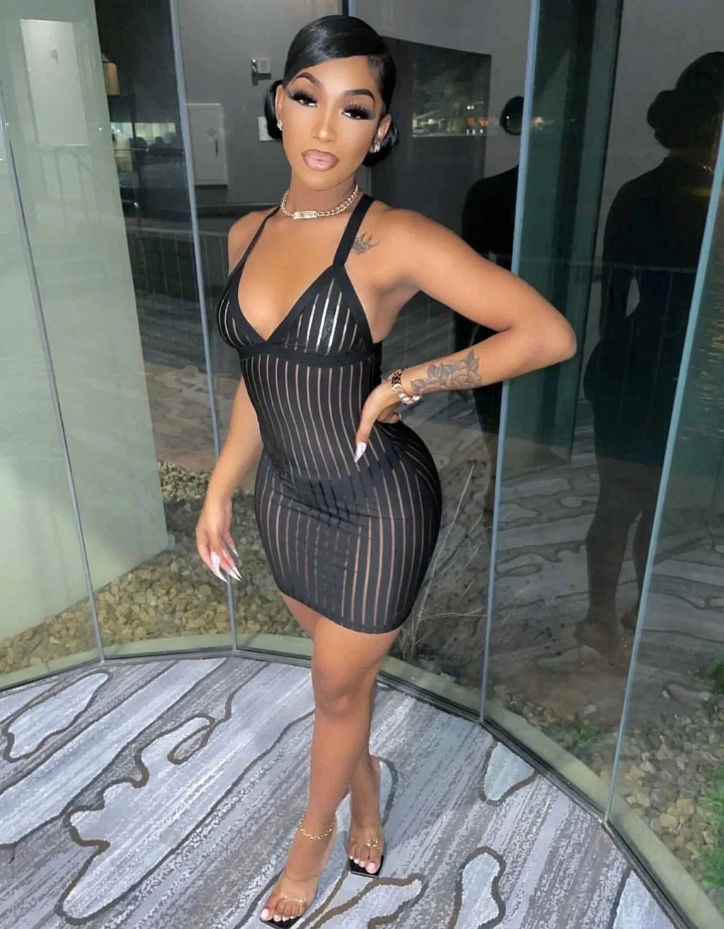 best ANJAMANOR Sexy See Through Black Dresses Club Outfits for Women Summer 2023 Stripe Mesh Insert Deep V Mini Bodycon Dress D36AI12 shop online at M2K Trends for