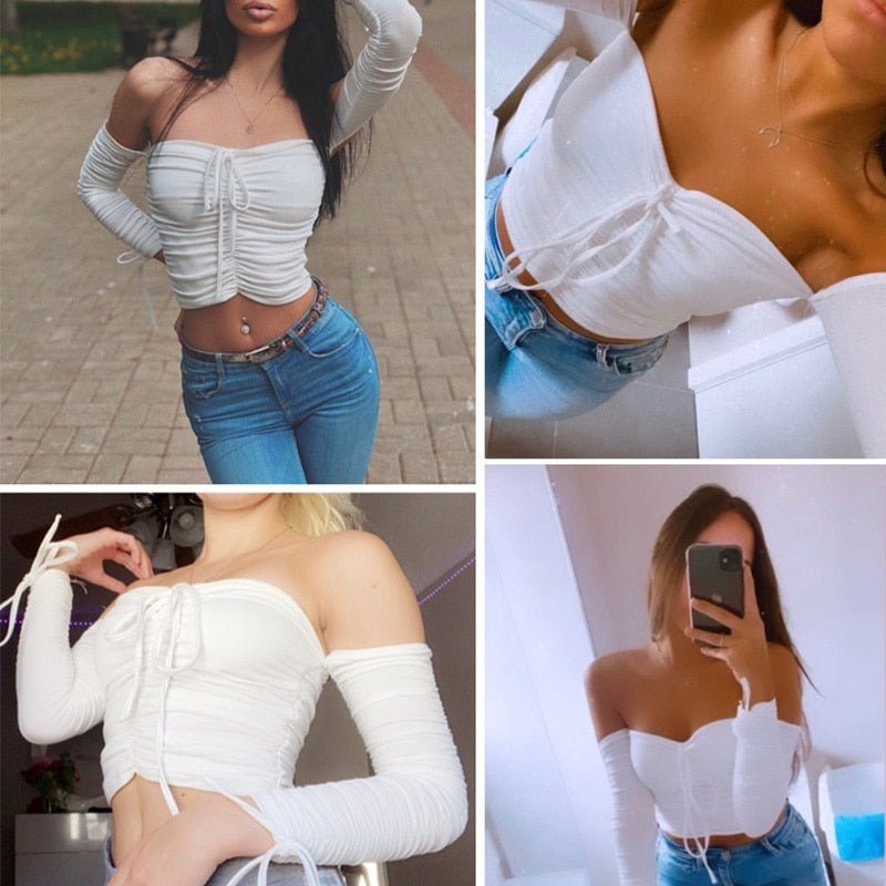 best Aproms Coolest Off Shoulder Crop Tops Casual Ruched Pleated White T-shirt Women Short Sleeve Cropped Tshirt for Women Clothing 0 shop online at M2K Trends for