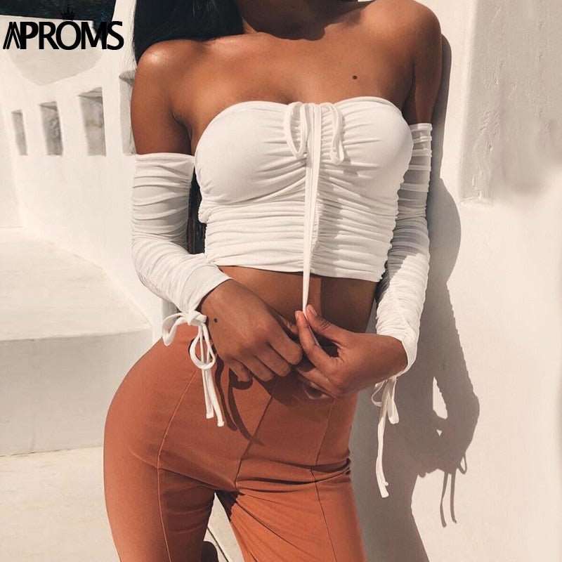 best Aproms Coolest Off Shoulder Crop Tops Casual Ruched Pleated White T-shirt Women Short Sleeve Cropped Tshirt for Women Clothing 0 shop online at M2K Trends for