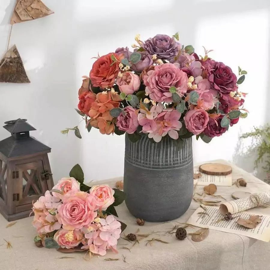 best Artificial Flowers Retro Silk Rose Bouquet Hydrangea Peony Vintage Bride Holding Fake Plants Home Wedding Decoration Accessories shop online at M2K Trends for