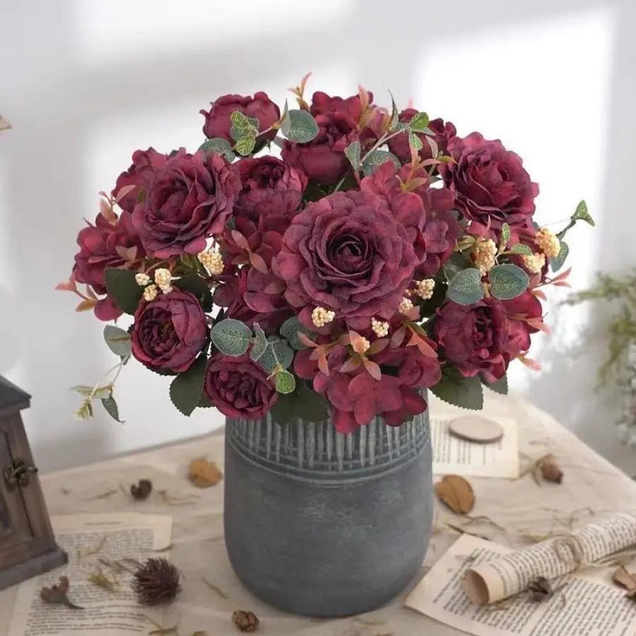 best Artificial Flowers Retro Silk Rose Bouquet Hydrangea Peony Vintage Bride Holding Fake Plants Home Wedding Decoration Accessories shop online at M2K Trends for