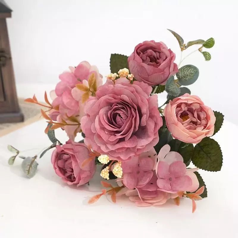 best Artificial Flowers Retro Silk Rose Bouquet Hydrangea Peony Vintage Bride Holding Fake Plants Home Wedding Decoration Accessories shop online at M2K Trends for