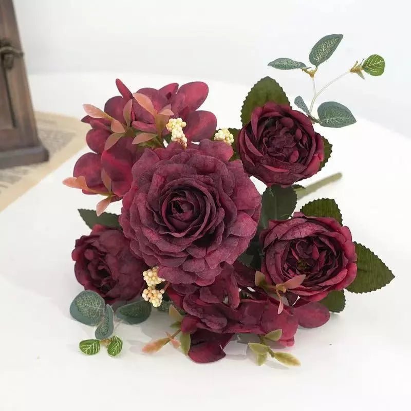 best Artificial Flowers Retro Silk Rose Bouquet Hydrangea Peony Vintage Bride Holding Fake Plants Home Wedding Decoration Accessories shop online at M2K Trends for