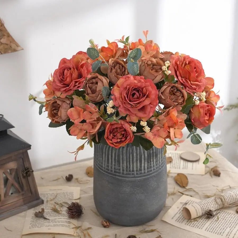 best Artificial Flowers Retro Silk Rose Bouquet Hydrangea Peony Vintage Bride Holding Fake Plants Home Wedding Decoration Accessories shop online at M2K Trends for