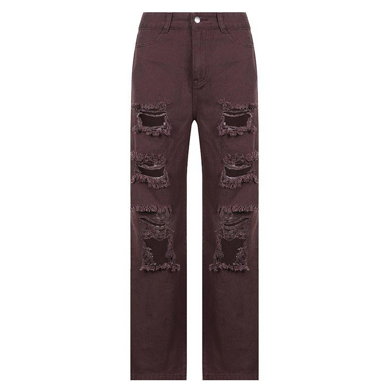 best Asymmetrical Hole High-rise Buttocks Straight-leg Casual Jeans Clothing shop online at M2K Trends for