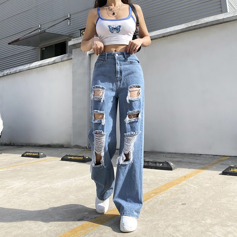 best Asymmetrical Hole High-rise Buttocks Straight-leg Casual Jeans Clothing shop online at M2K Trends for