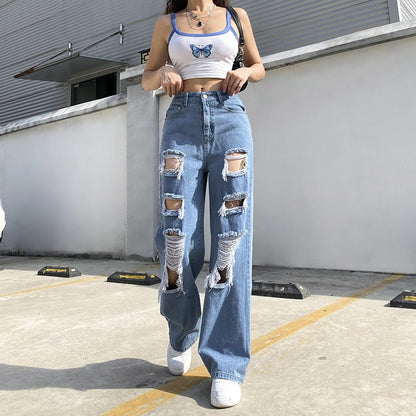 best Asymmetrical Hole High-rise Buttocks Straight-leg Casual Jeans Clothing shop online at M2K Trends for